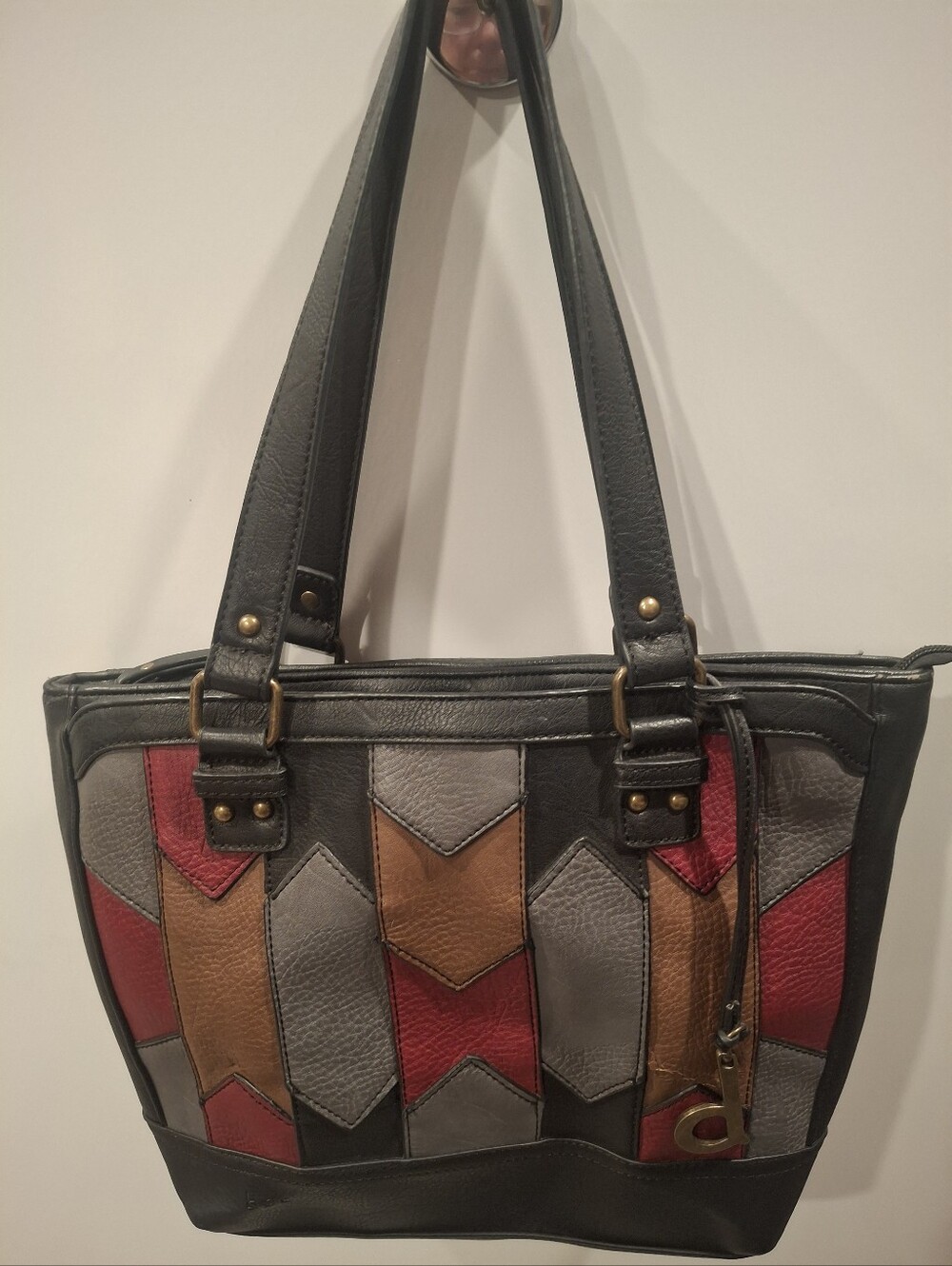 boc Black Leather Patchwork Shoulder Bag with Red, Gray & Brown Panels